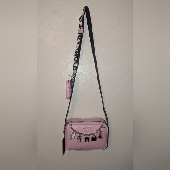 KARL LAGERFELD PARIS Charm With Chain Double Zipper Crossbody Blush Pink NWT - Picture 2 of 7